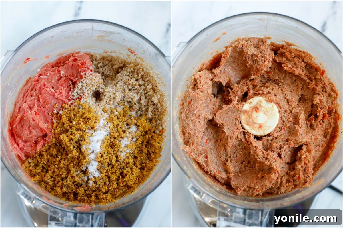 Classic Lebanese Baked Kibbeh 12 top down shot of raw kibbeh mixture in processor