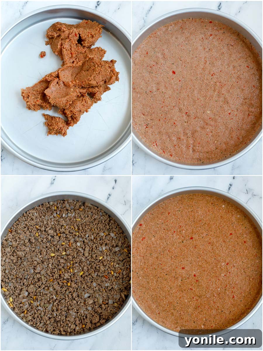 Classic Lebanese Baked Kibbeh 13 photo showing steps on how to assemble the kibbeh
