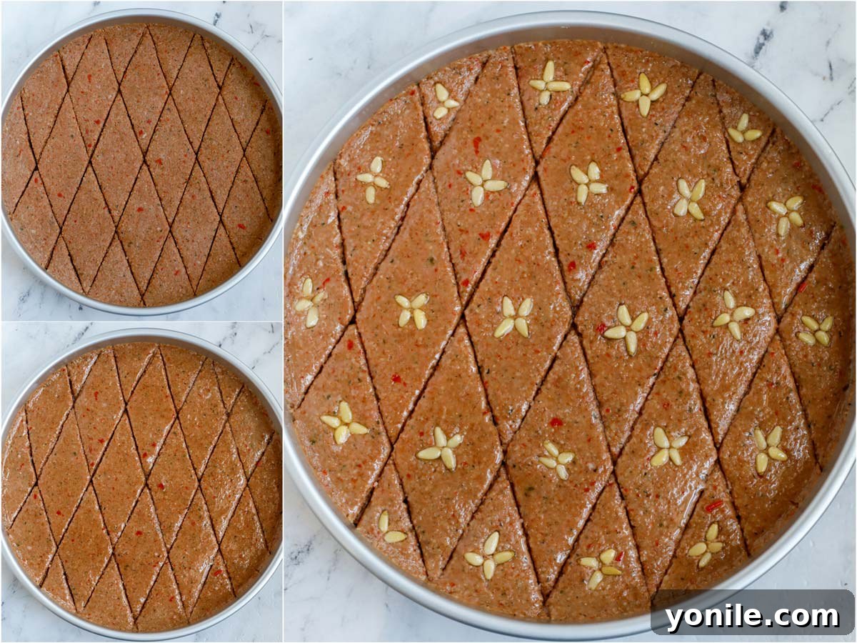 Classic Lebanese Baked Kibbeh 14 photos showing how to cut the kibbeh into diamond shape