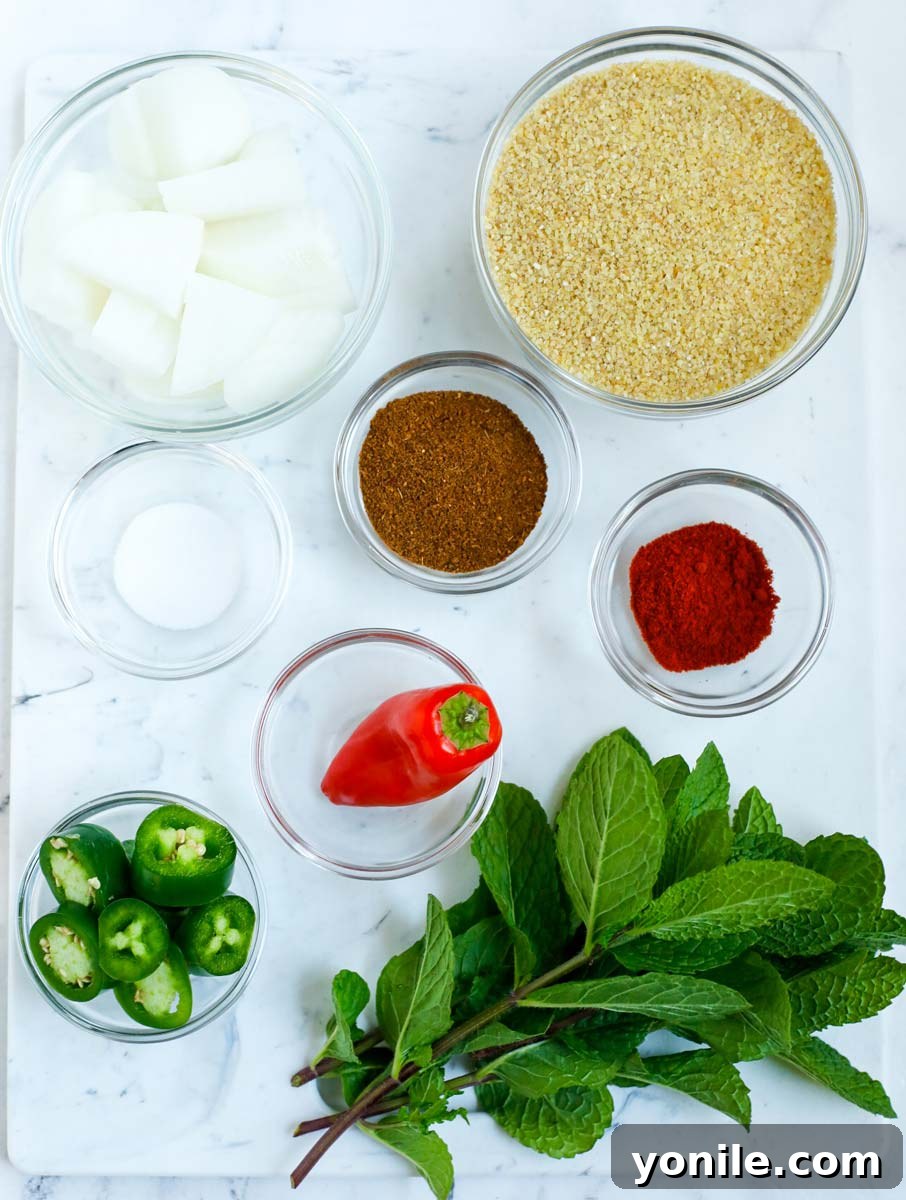 Classic Lebanese Baked Kibbeh 6 kamouneh ingredients laid out