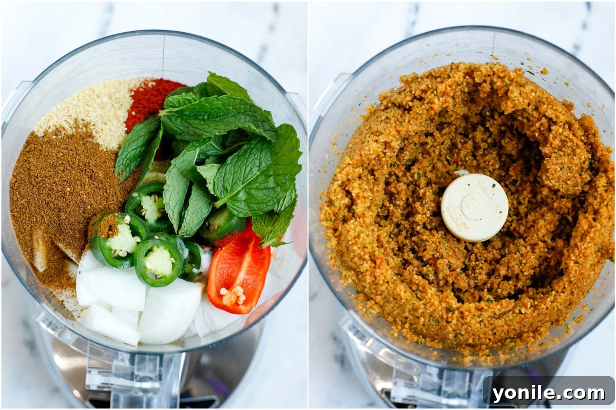 Classic Lebanese Baked Kibbeh 7 kamouneh mixture in a food processor