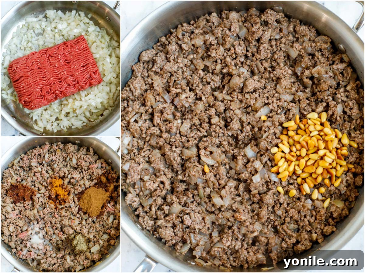 Classic Lebanese Baked Kibbeh 9 spiced beef filling in a skillet