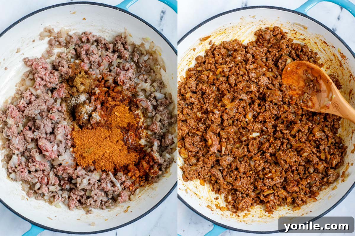 Two sequential photos showing ground beef browning in a pot, then spices being added and mixed in.