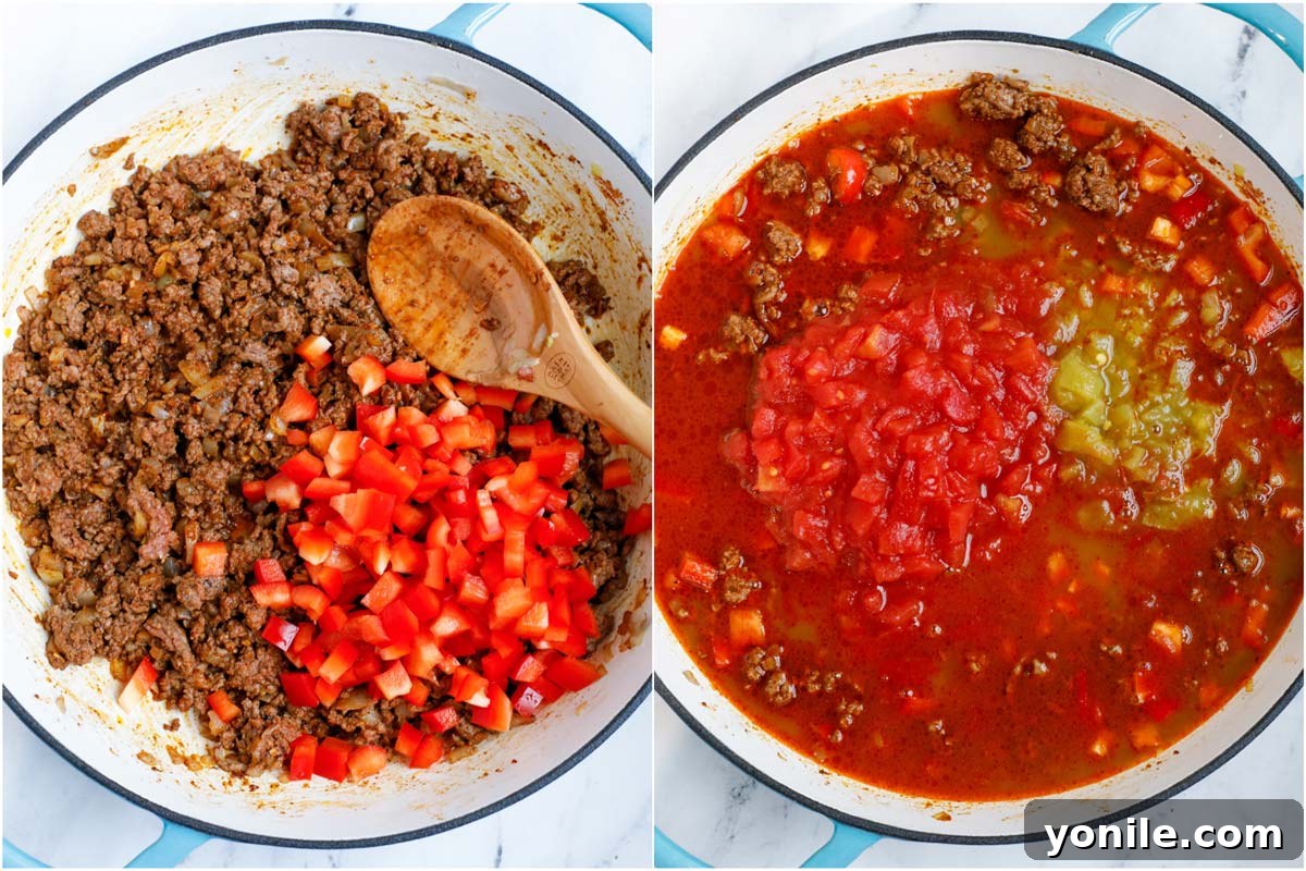 Two sequential photos showing bell peppers and diced tomatoes being added to the pot of chili mac base.