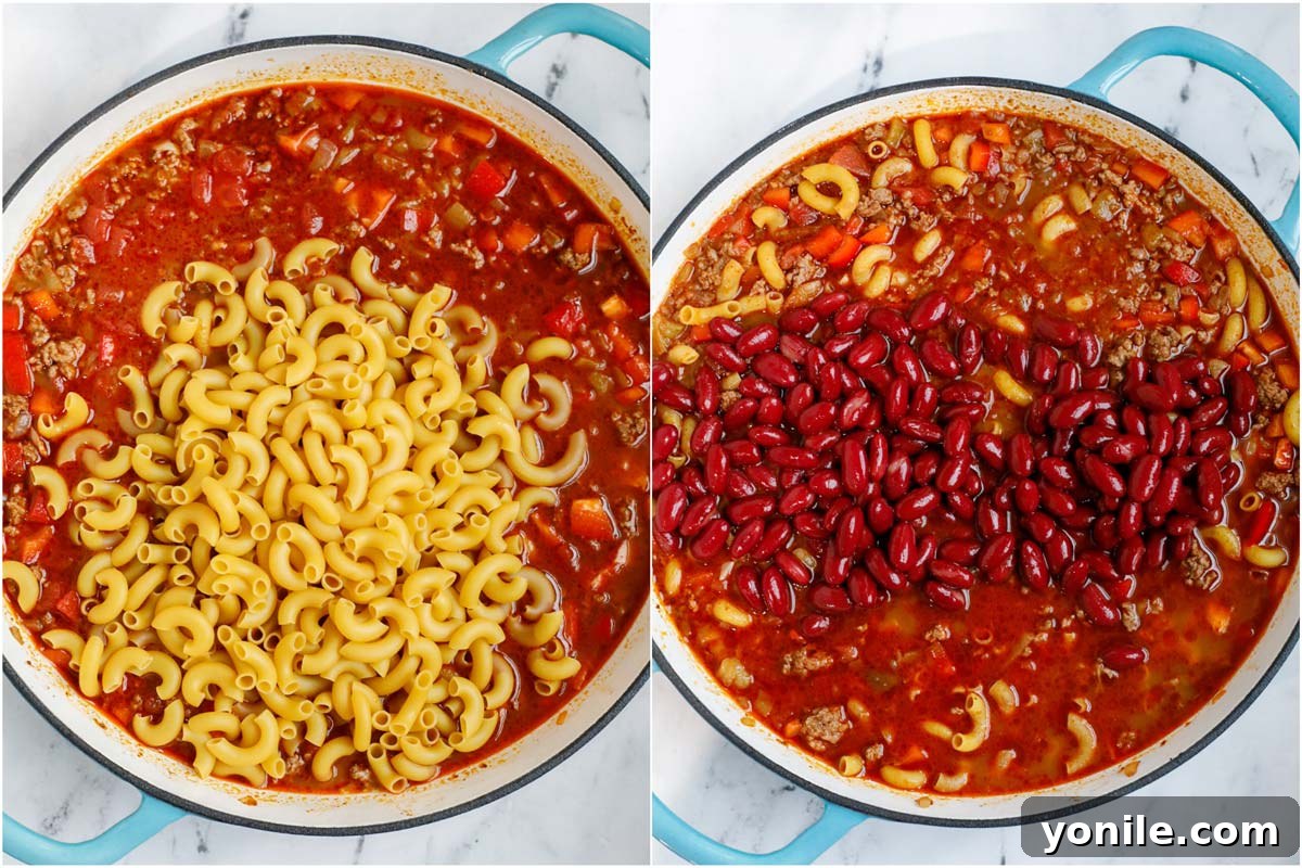 Two sequential photos showing macaroni pasta added to the pot, followed by red kidney beans for a complete chili mac.