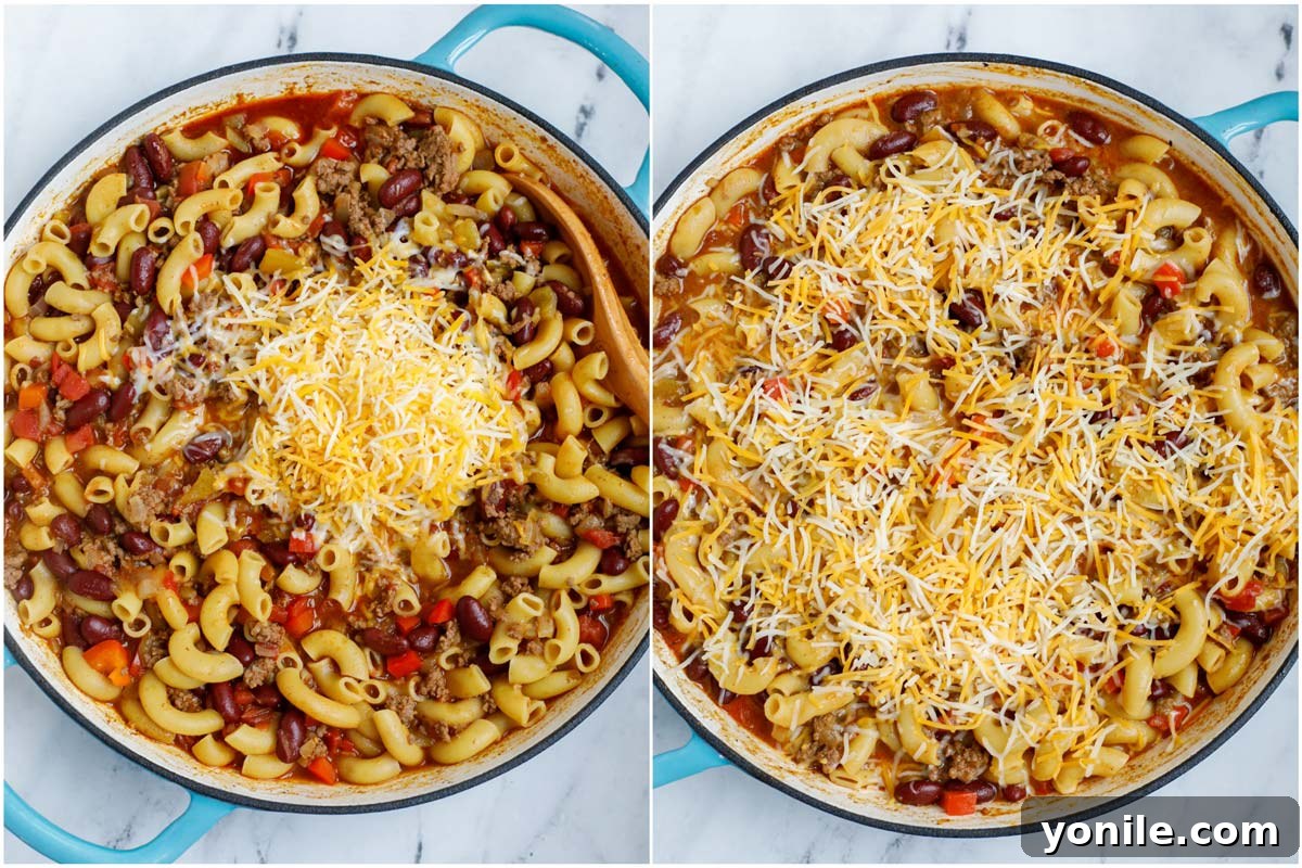 Two sequential photos showing shredded cheese being stirred into the chili mac, then the remaining cheese topping the dish before melting.