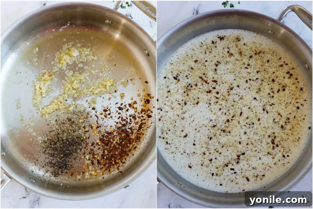 Two images showing aromatic spices and minced garlic being sautéed in a skillet before the addition of half and half.