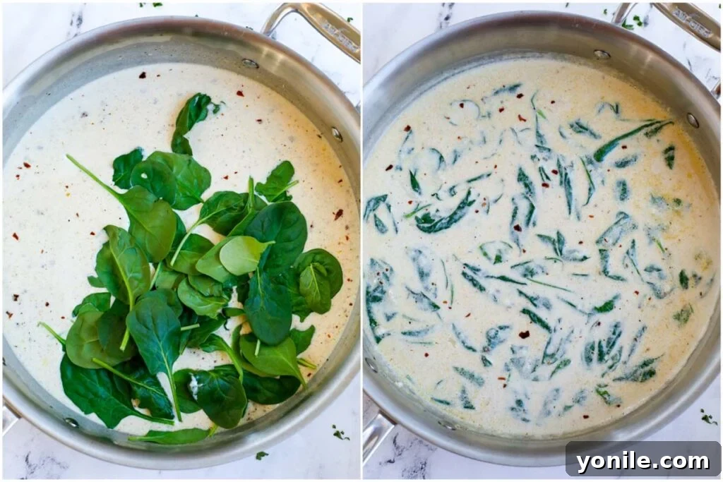 Two sequential images showing fresh spinach being added to a simmering cream sauce and then wilted.