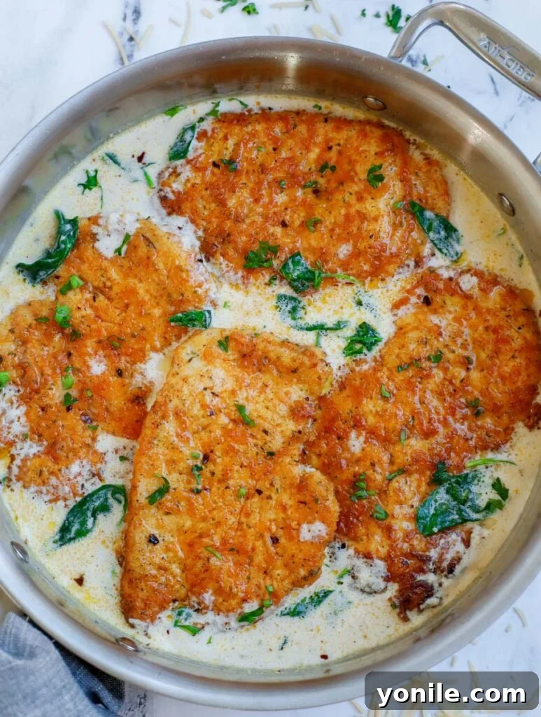Crispy pan-seared chicken breasts submerged in a rich, creamy parmesan sauce within a skillet.