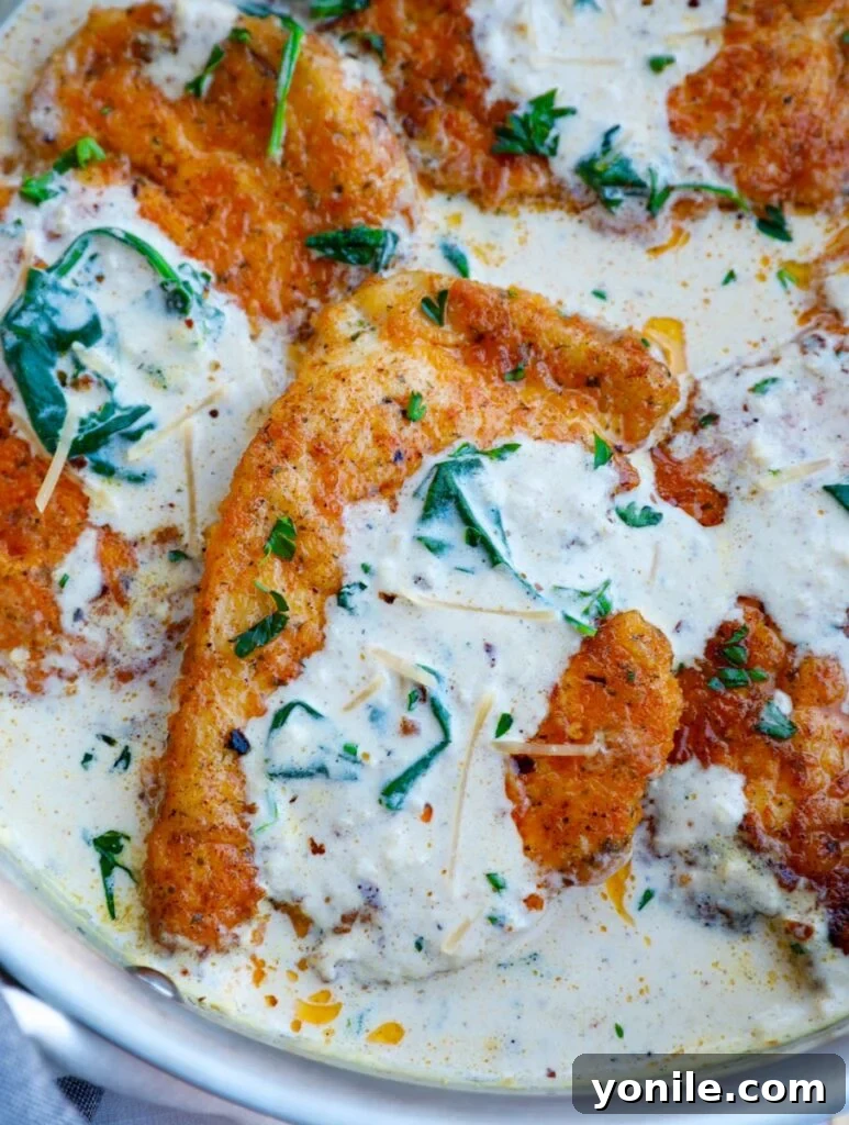 A close-up view of a single creamy parmesan chicken breast, submerged in the rich sauce within a pan.