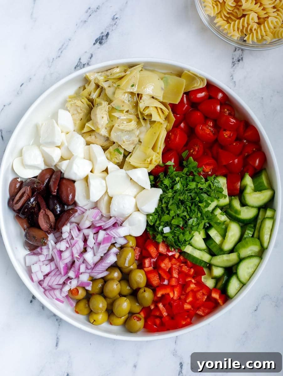 Vibrant Mediterranean Pasta Medley 5 A bowl filled with all the fresh vegetables and ingredients for the pasta salad, prepped and ready.