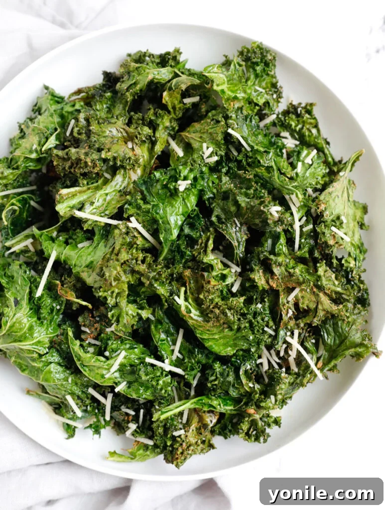 Golden Air Fryer Kale Crisps 2 A bowl filled with perfectly golden and crispy air fryer kale chips, ready to be enjoyed.