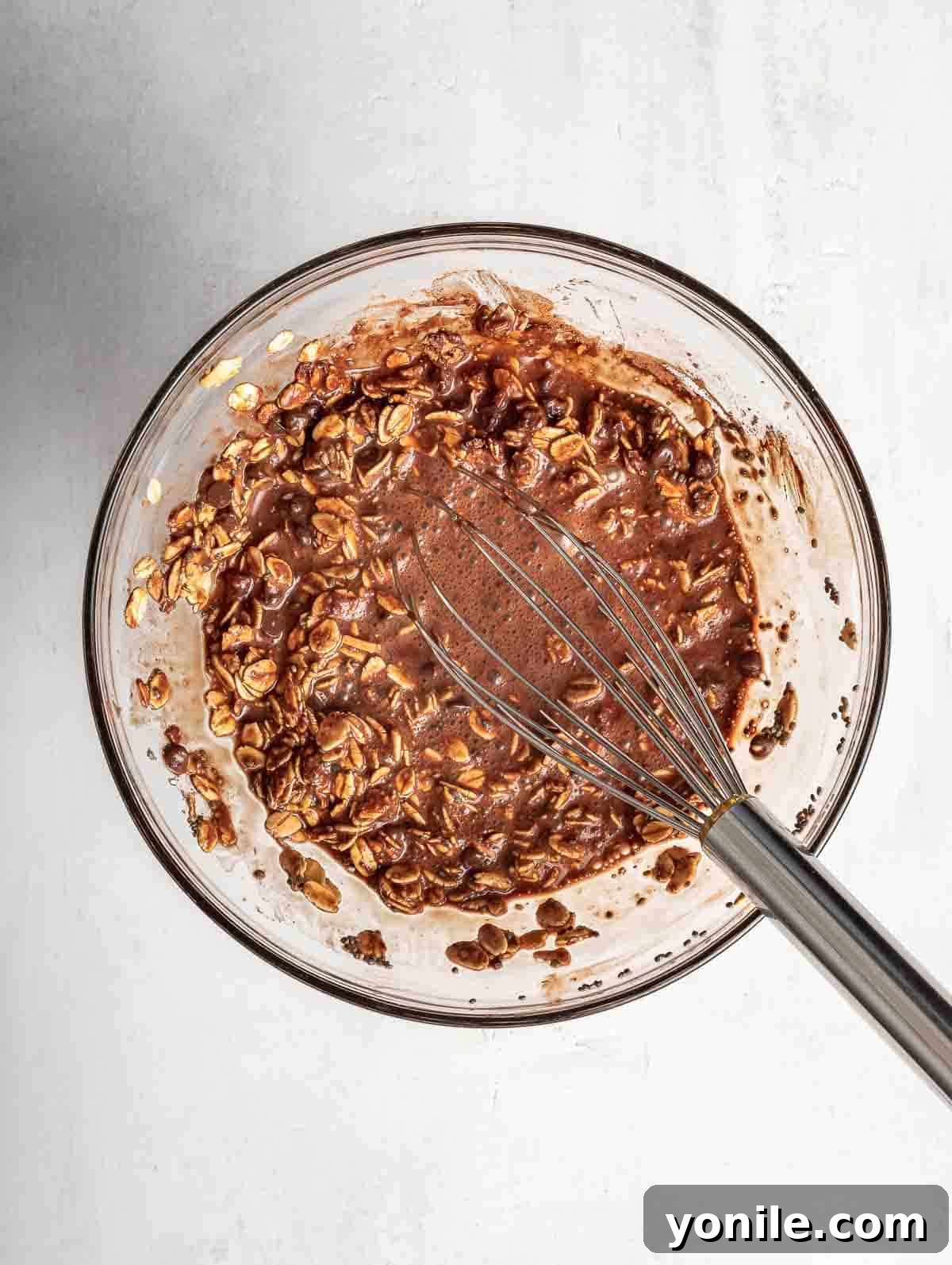 chocolate oats mixture after adding liquids