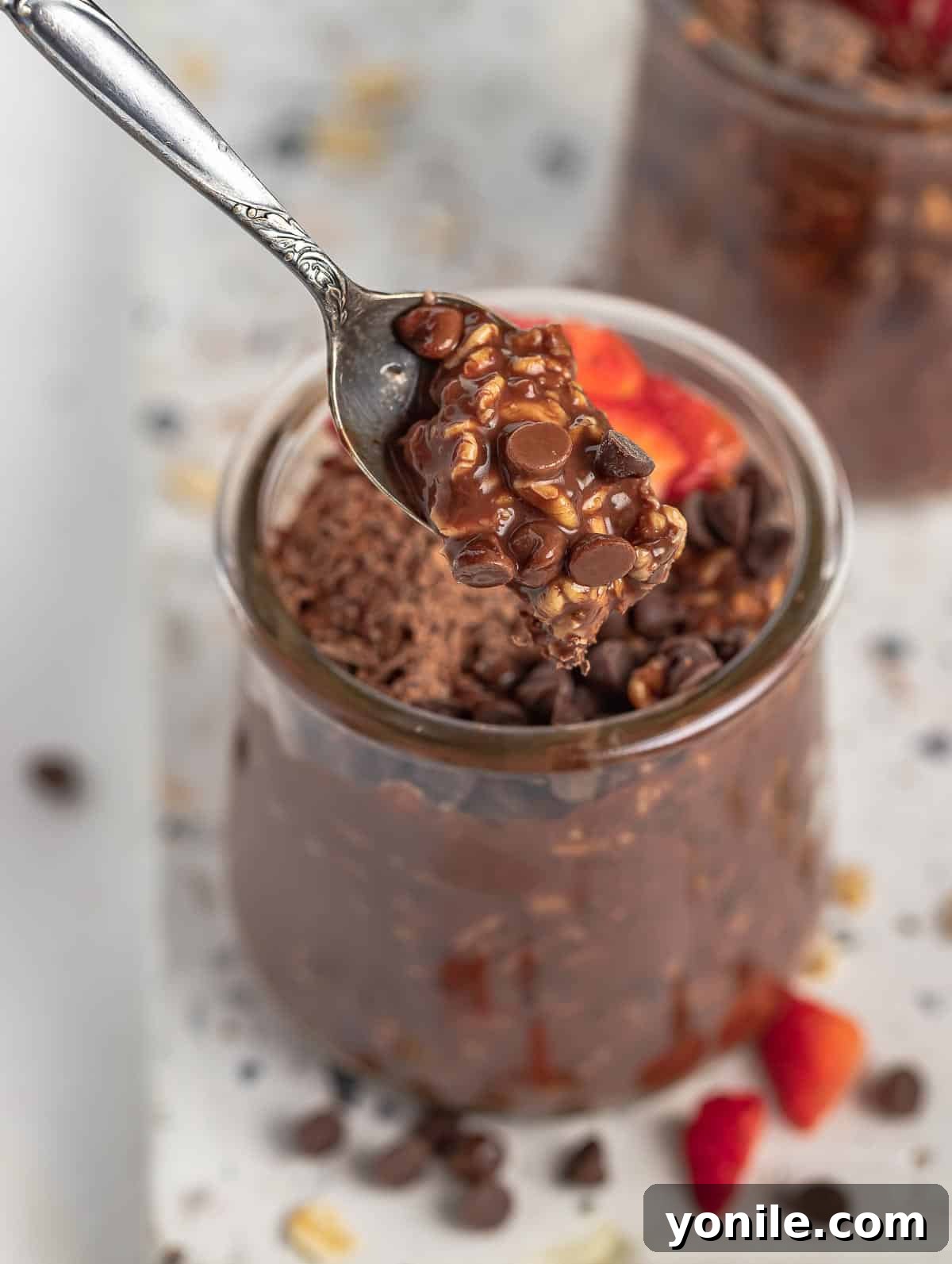 spoon scooping up some chocolate oats