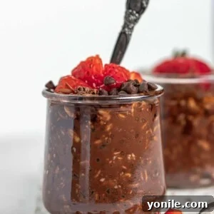 front close up view of the chocolate overnight oats in a cup