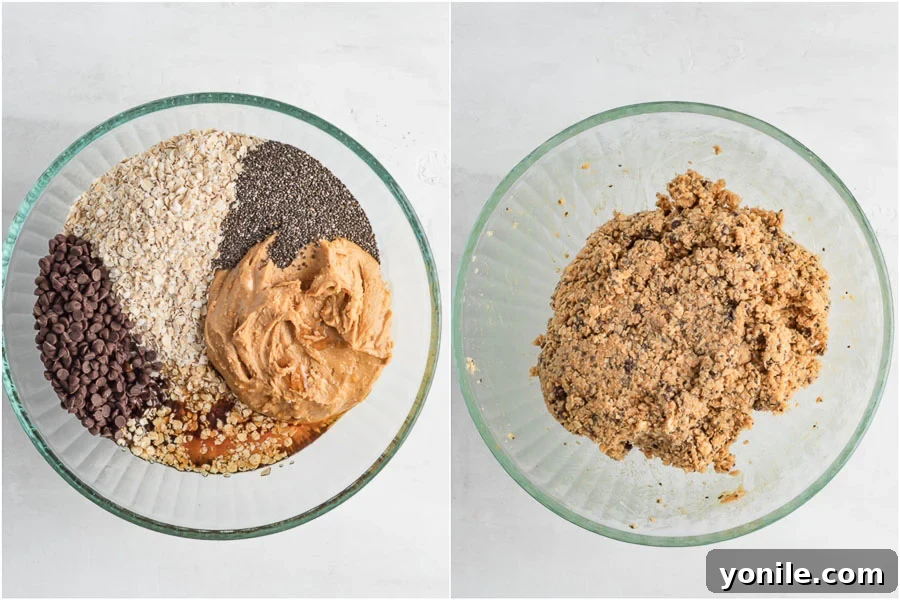 Effortless Energy Bites 4 Before and after shots of the No-Bake Energy Ball ingredients mixing in a bowl, showcasing the transformation into a cohesive dough.