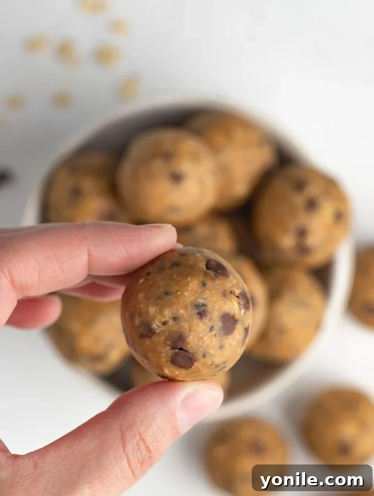 Effortless Energy Bites 8 A female hand delicately holding one No-Bake Energy Ball between two fingers, ready to be enjoyed.