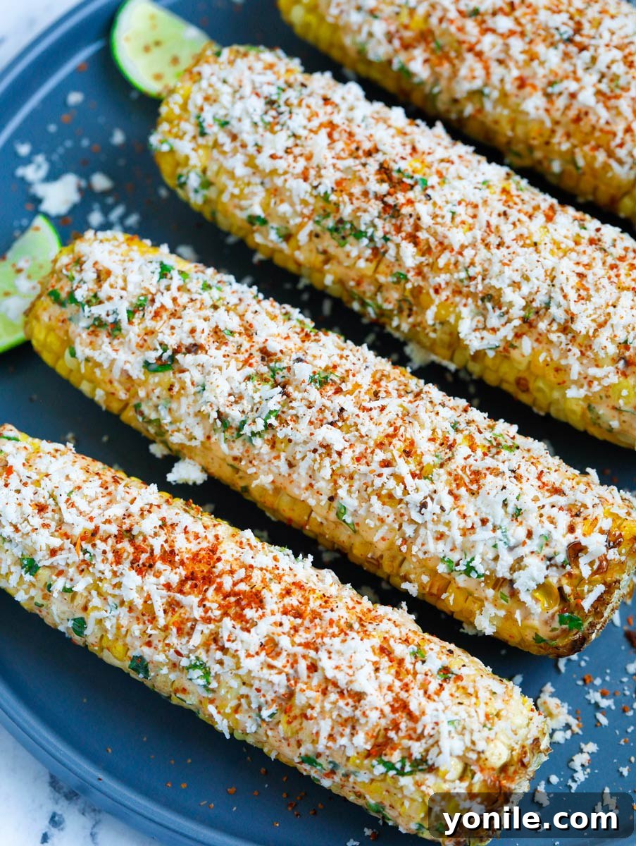 Mexican street corn on a plate, beautifully garnished with cotija cheese and Tajín spice.