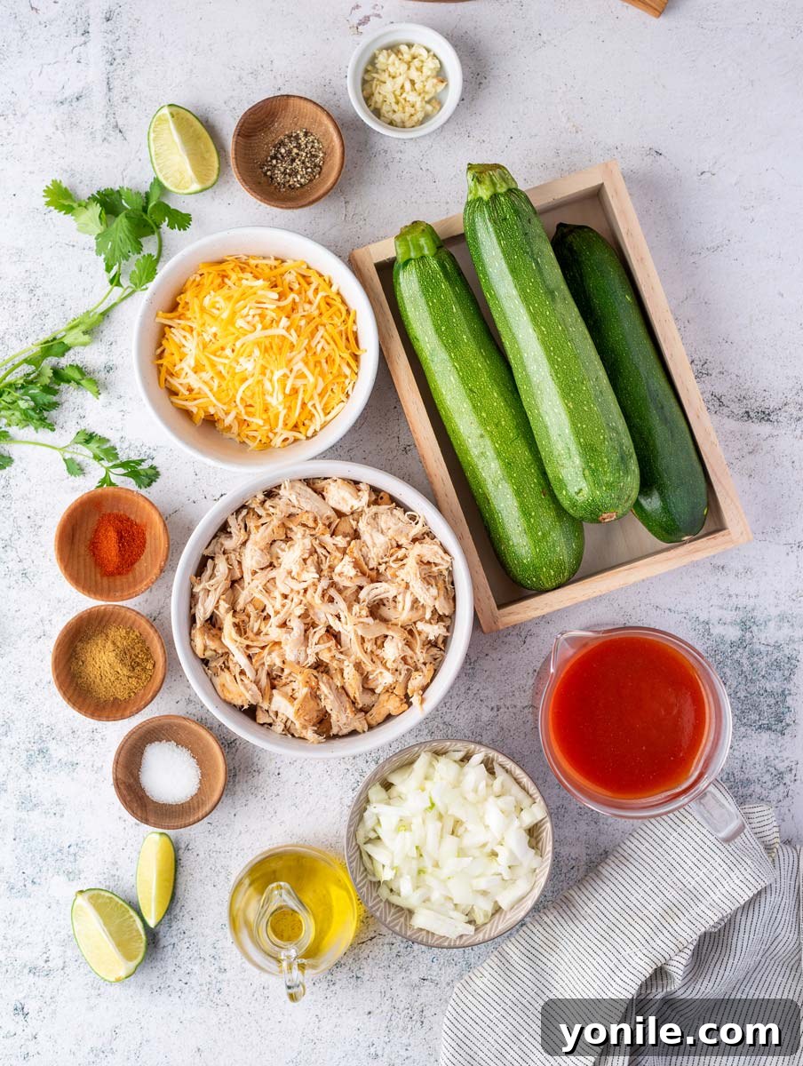 ingredients for chicken enchiladas laid out on a kitchen counter