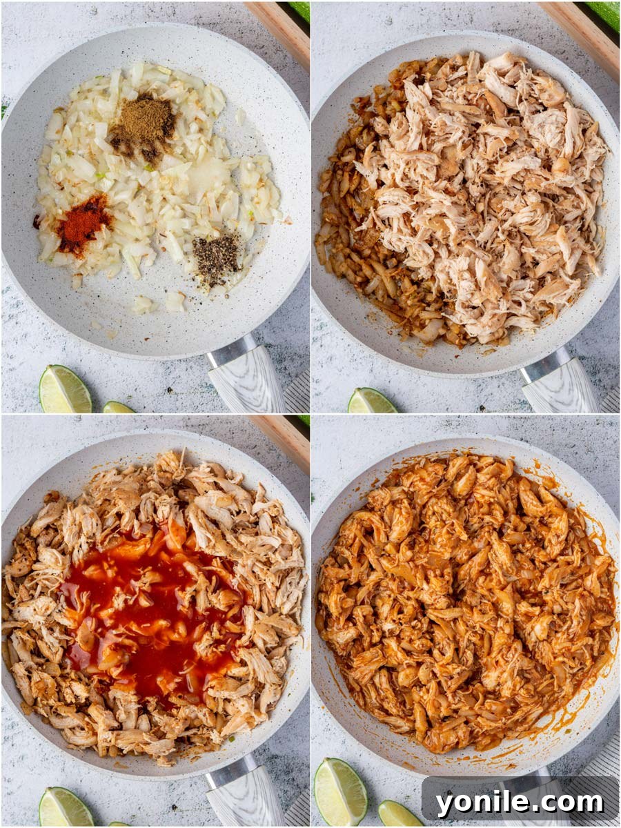 photo collage showing process shots of making the chicken enchilada stuffing, from sautéing to mixing ingredients