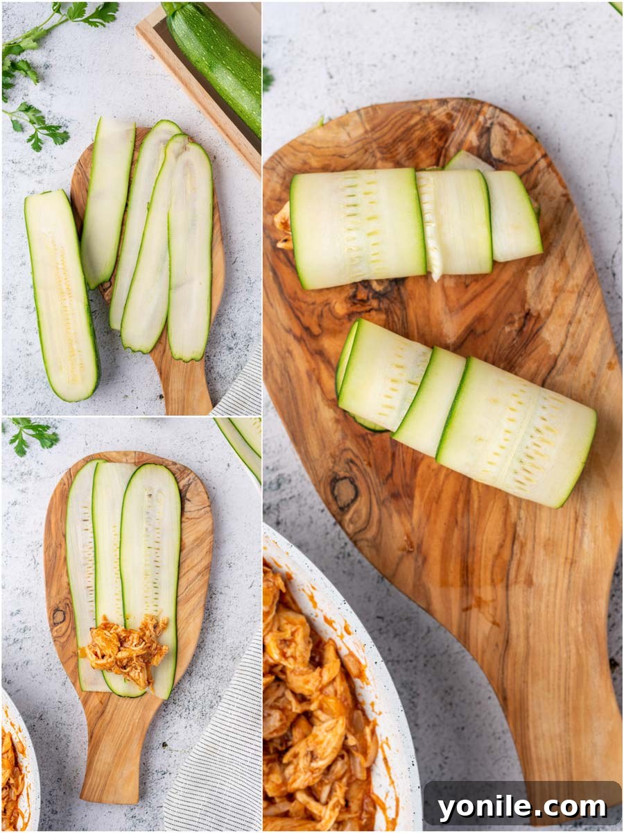 process shots showing the chicken enchilada stuffing being stuffed into the zucchini slices and rolled