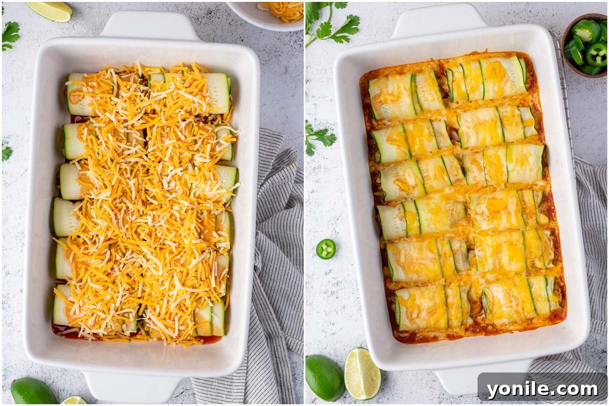 stuffed chicken enchiladas in a baking dish topped with cheese before and after baking