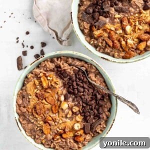 Cocoa Peanut Butter Bliss Bowl 7 two chocolate bowls of oats topping with nuts and chocolate chips