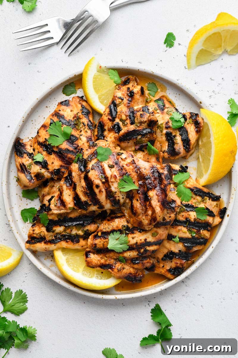 Zesty Grilled Cilantro Lime Chicken 2 Top down shot of the perfectly grilled cilantro lime chicken served with fresh lime wedges and cilantro garnish.