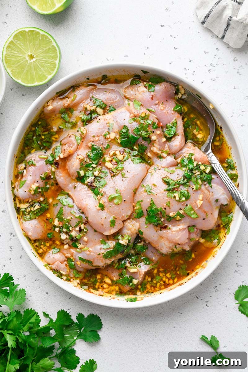 Zesty Grilled Cilantro Lime Chicken 5 Top down shot of boneless chicken thighs soaking in the green cilantro lime marinade in a bowl.