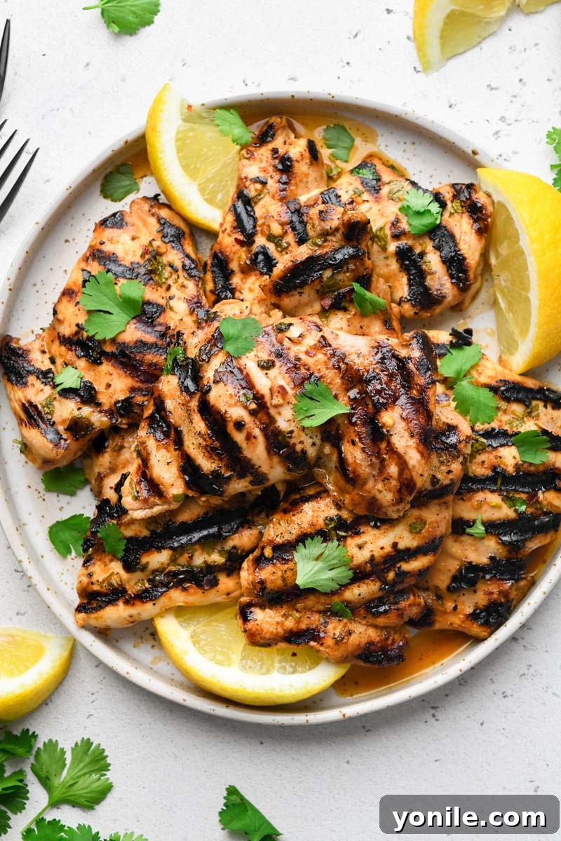 Zesty Grilled Cilantro Lime Chicken 6 Top down shot of the final grilled cilantro lime chicken, garnished with fresh cilantro and lime wedges, ready to be served.