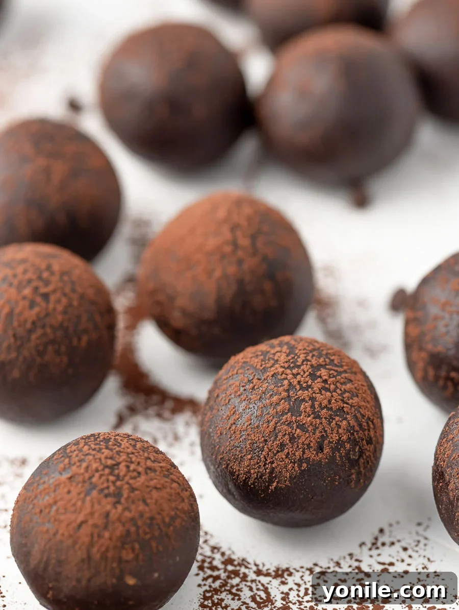 Close up shot of a perfectly formed brownie energy bite, highlighting its rich, fudgy texture.