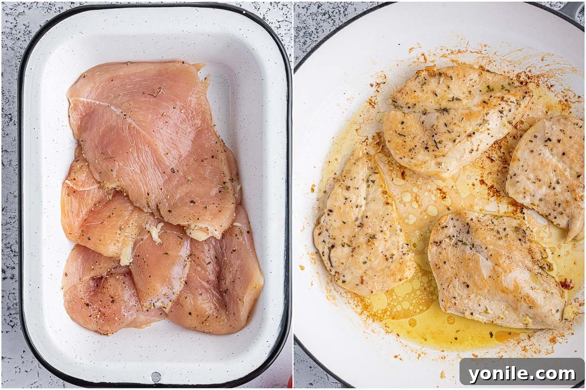 before and after marinated chicken is cooked for the caprese chicken