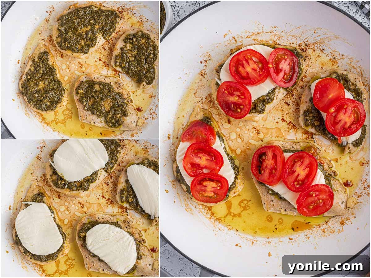 group of process shots showing how to assemble the chicken caprese peices
