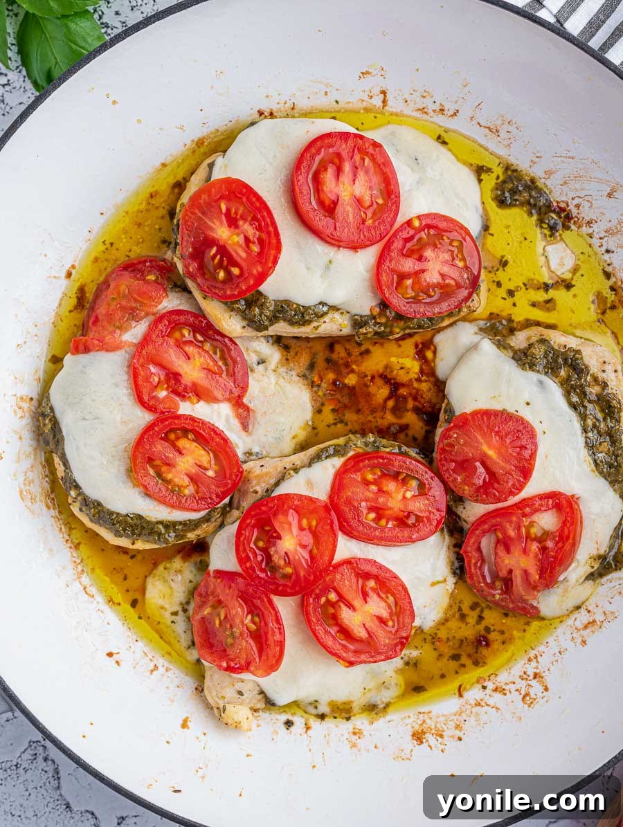 top down shot of chicken caprese after baking but before adding balsamic glaze