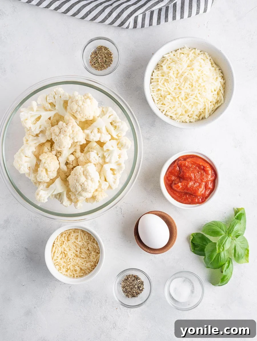 ingredients of cauliflower pizza laid out