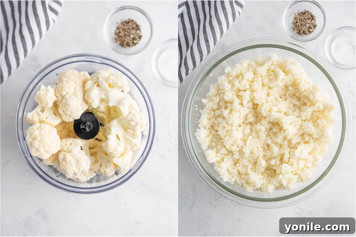 cauliflower before and after processing in a food processor