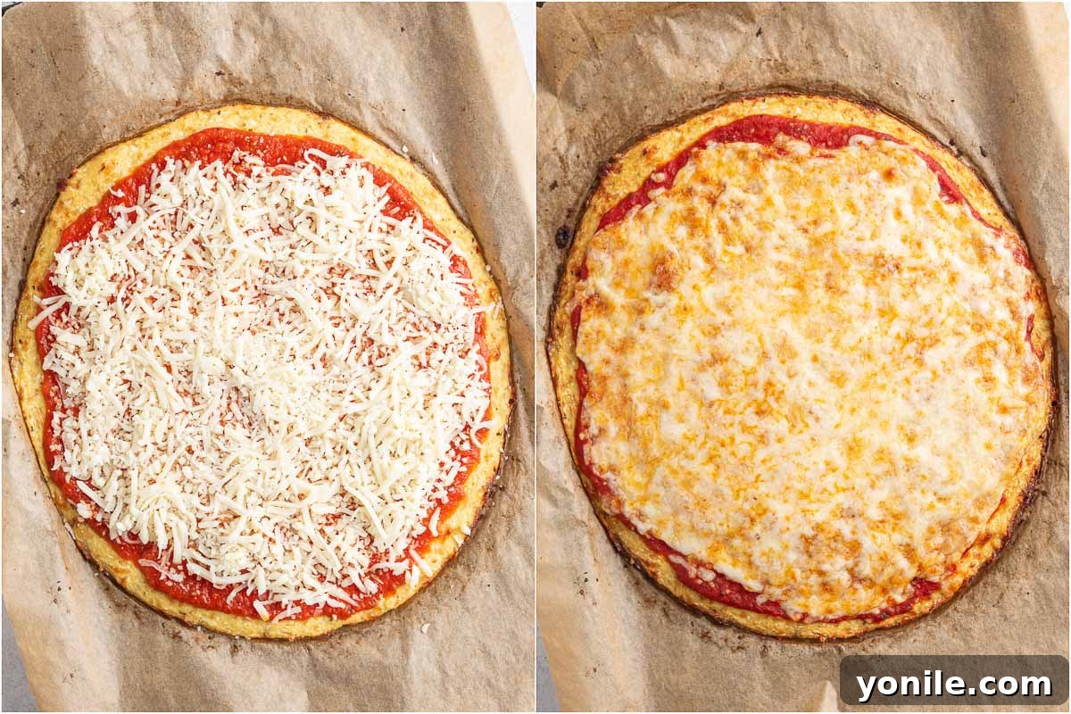 cauliflower pizza before and after baking