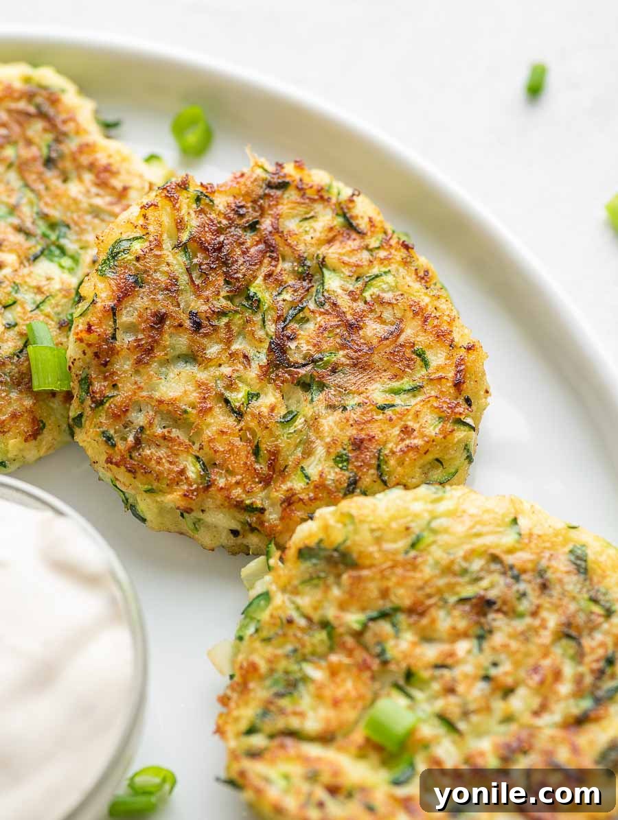 Crispy Zucchini Bites 8 A close-up shot of golden-brown zucchini fritters, showcasing their crispy texture.