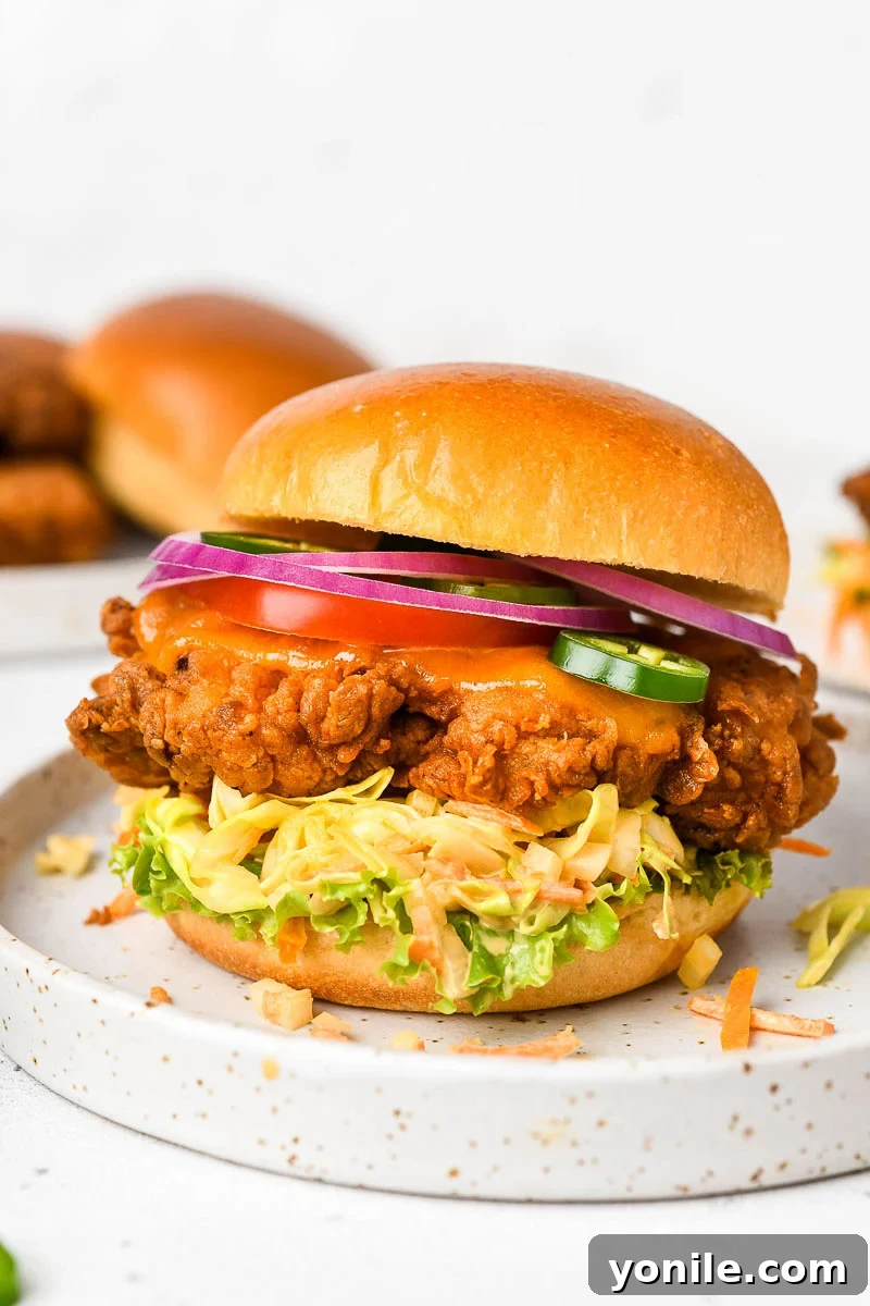 Close up of a crispy chicken sandwich on a plate with fries.