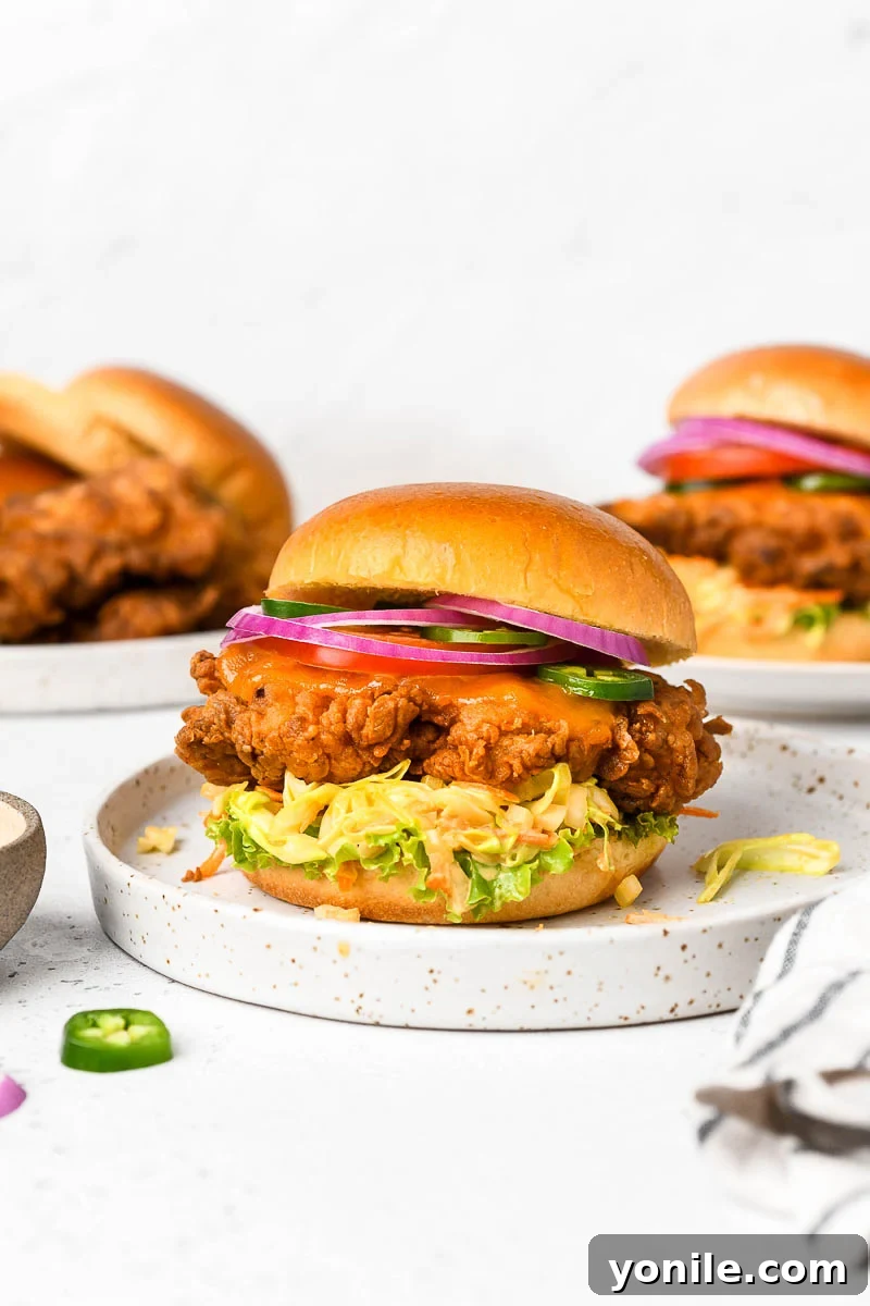 A perfectly assembled fried chicken sandwich on a plate.