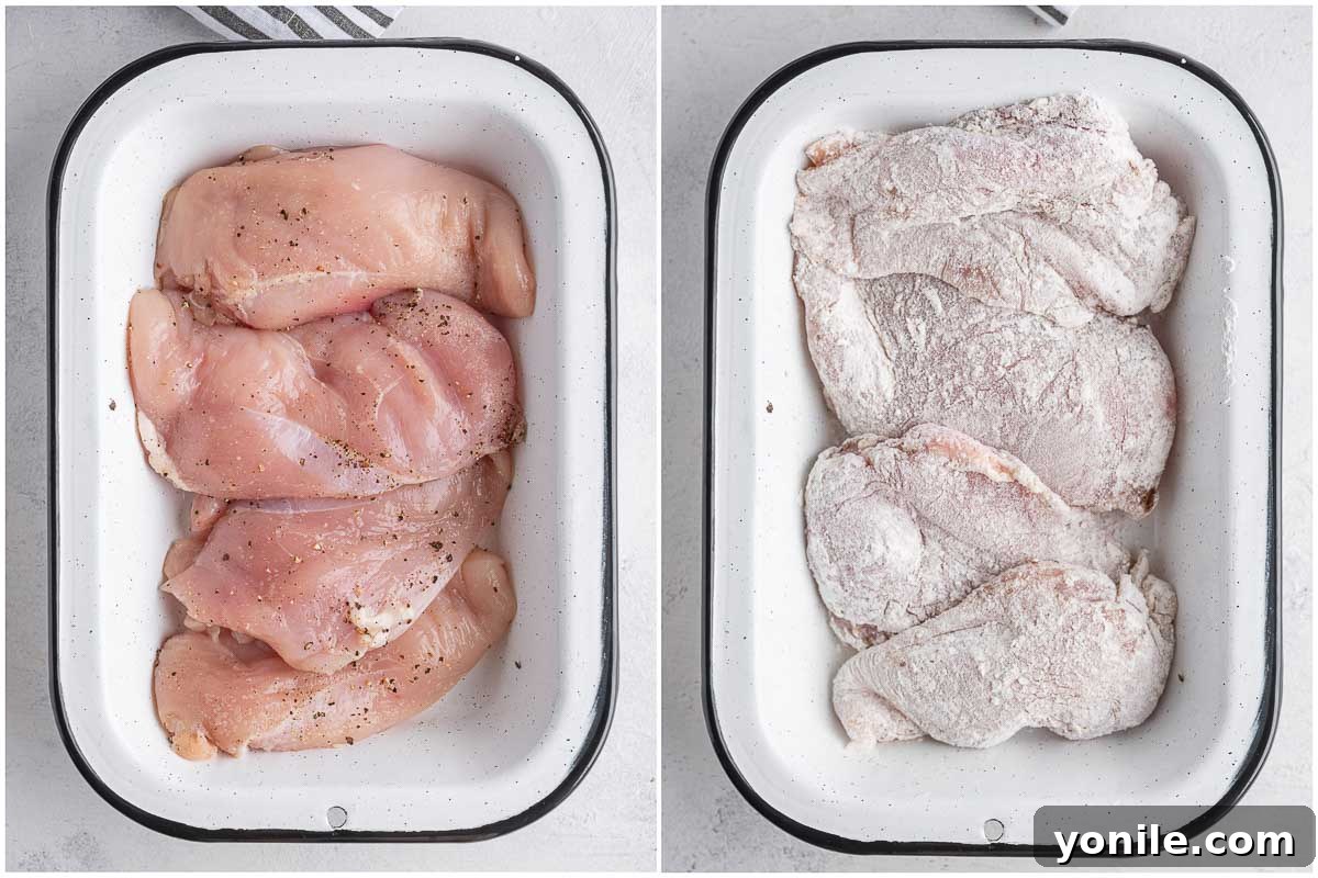 marinated chicken breast before and after dipping into flour