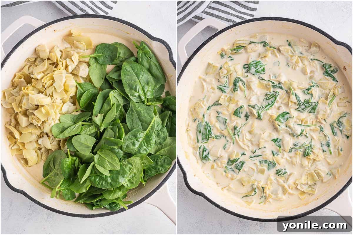 creamy spinach and artichoke sauce in a skillet
