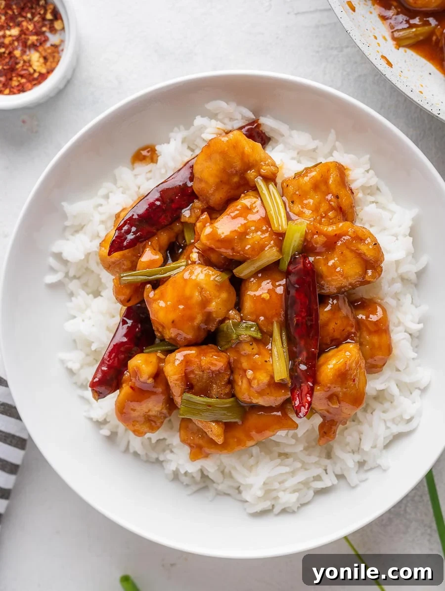 No-Fuss Mongolian Chicken 2 Mongolian Chicken served over fluffy white rice in a bowl, garnished with green onions