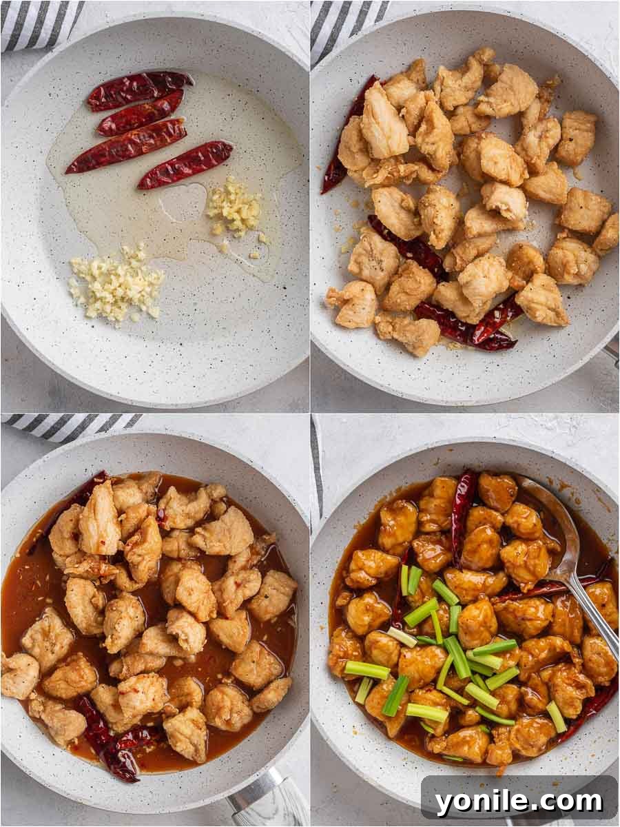 No-Fuss Mongolian Chicken 7 Cooking process showing garlic, ginger, and red chilies being sautéed in a pan
