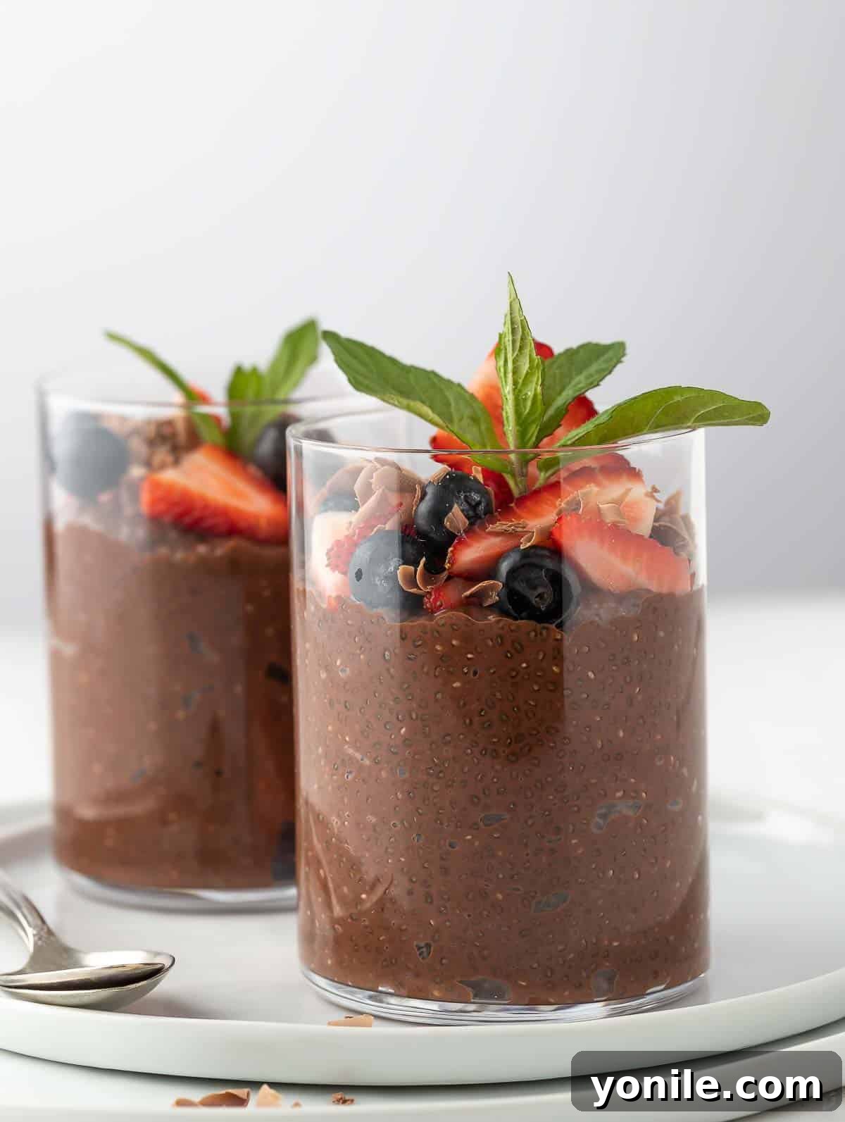 Two servings of chocolate chia protein pudding, beautifully topped with fresh and vibrant mixed berries and delicate chocolate shavings.