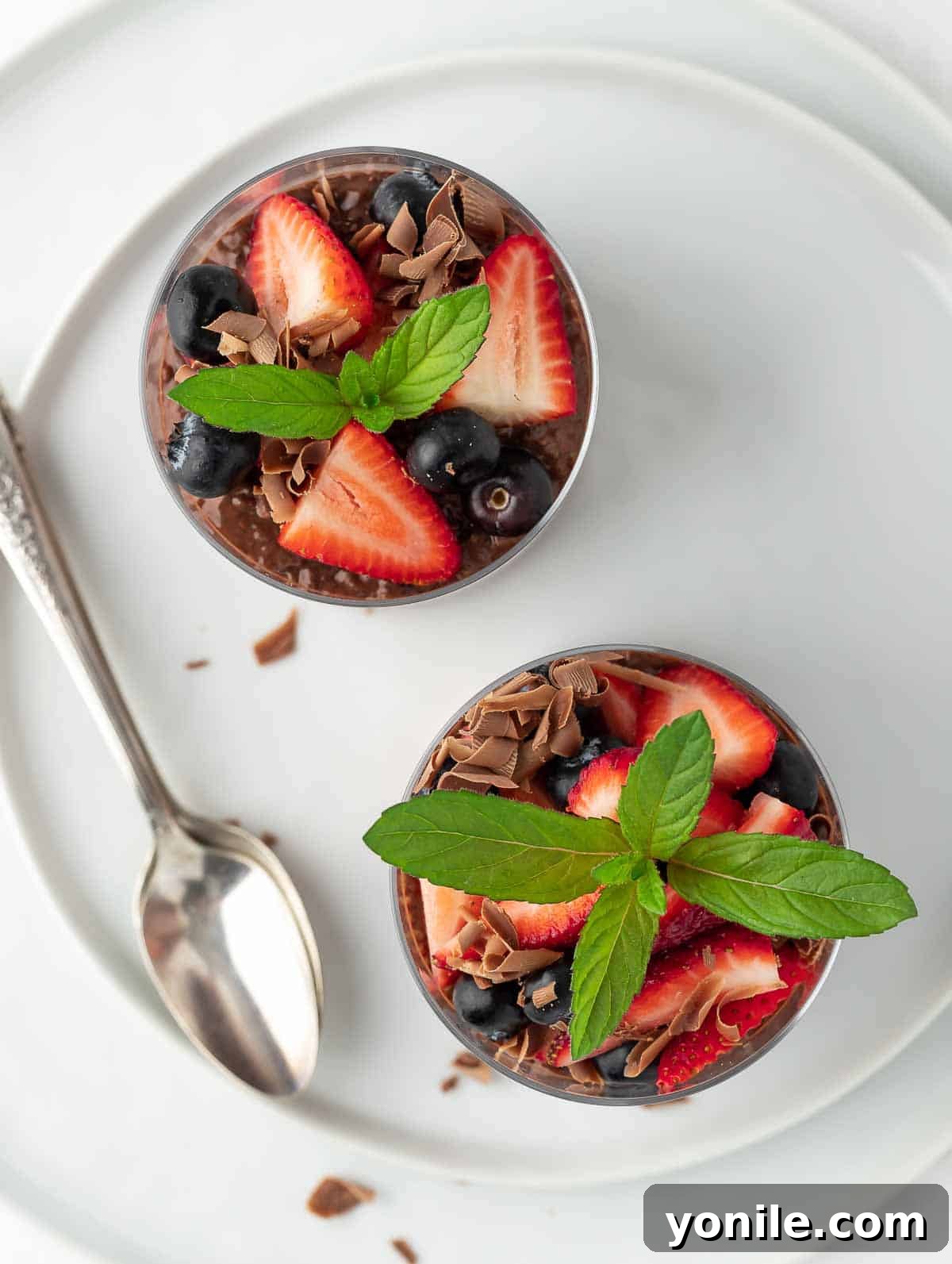 A vibrant top-down shot of the chocolate chia protein pudding, garnished with an array of colorful fresh berries and a drizzle of maple syrup.