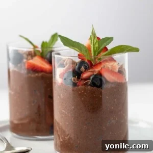 Two servings of chocolate chia protein pudding, beautifully topped with fresh and vibrant mixed berries and delicate chocolate shavings.