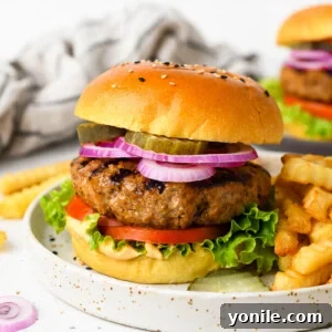 Gourmet Burgers at Home 7 A homemade burger on a plate with toppings and fries.