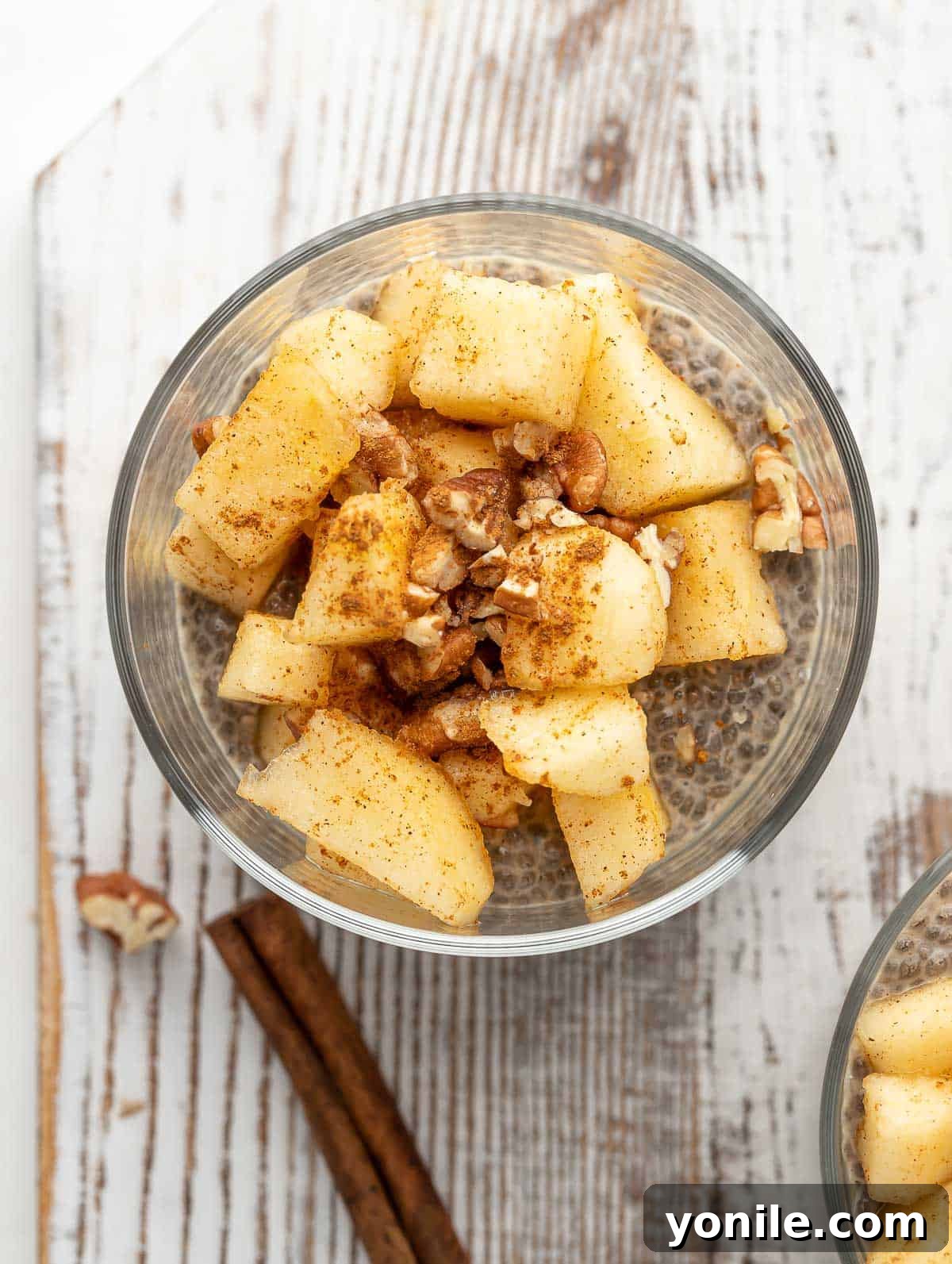 Top view of Overnight Chia Pudding generously topped with fresh diced apples and crunchy pecans, making a vibrant and appetizing breakfast.