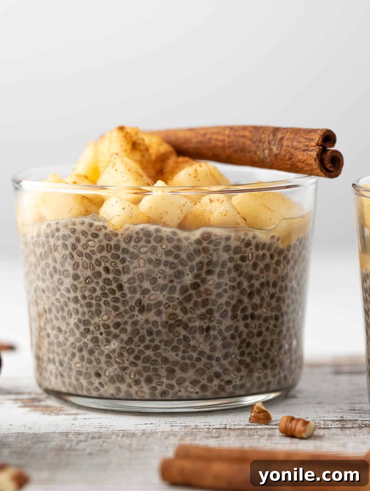 A glass of Overnight Chia Pudding topped with fresh diced apples and a decorative cinnamon stick, highlighting its appetizing presentation.